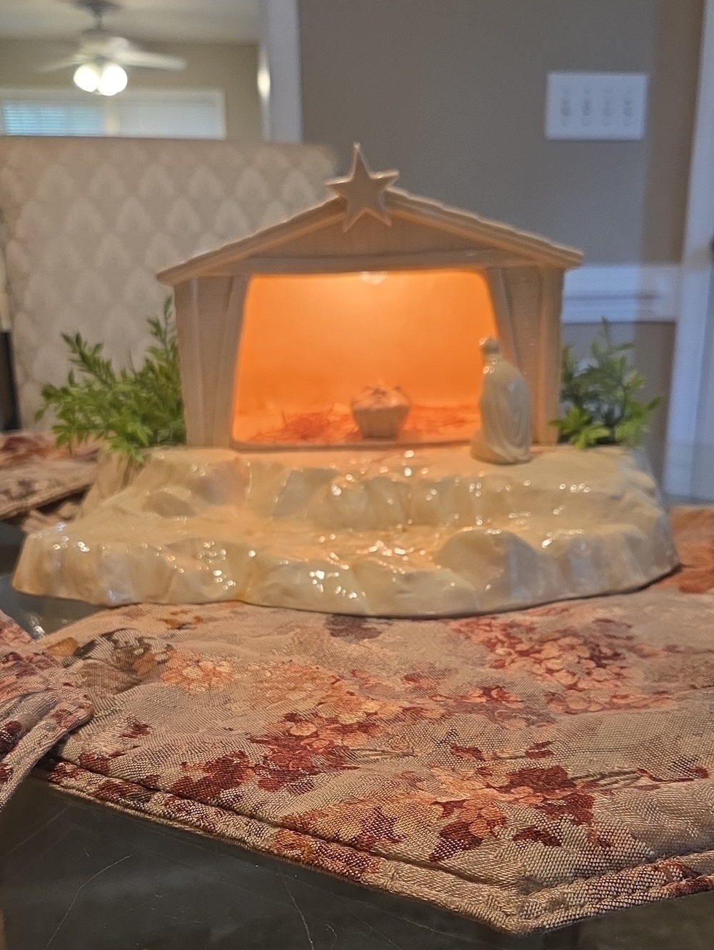 Ceramic Nativity Scene with Warm Interior Glow Music Box With Other Items